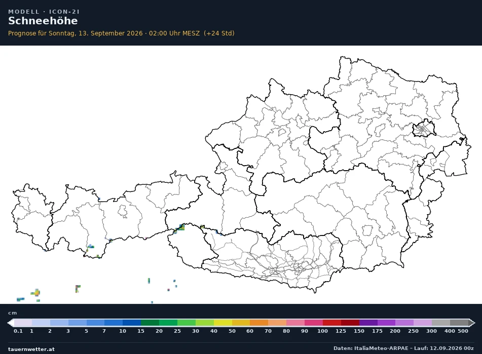 ICON-2I Modellkarte Schneehöhe Österreich, Vorhersage +24 Stunden