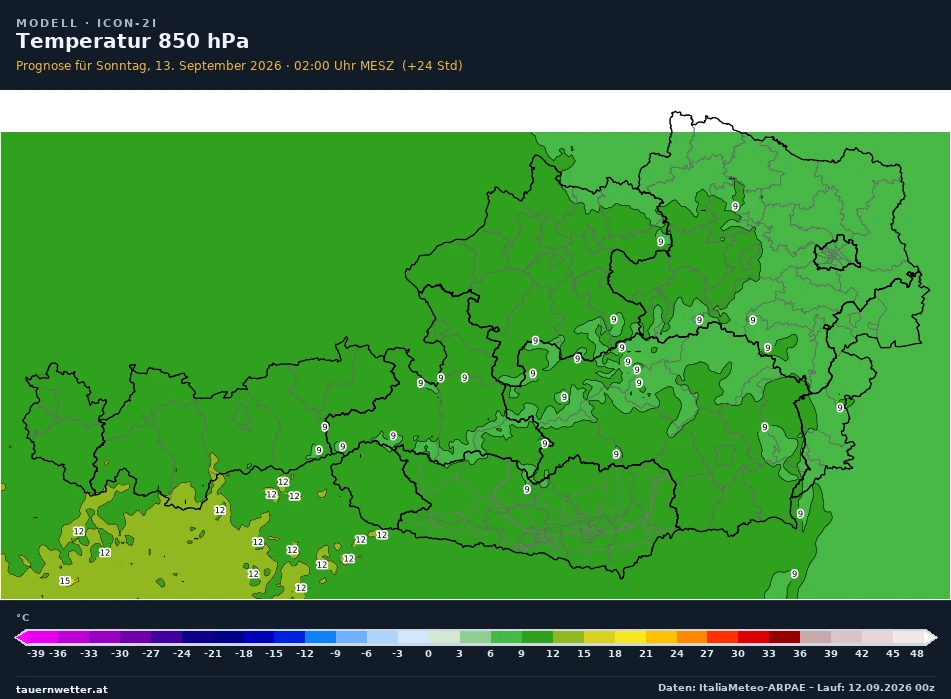 ICON-2I Modellkarte Temperatur 850 hPa Österreich, Vorhersage +24 Stunden