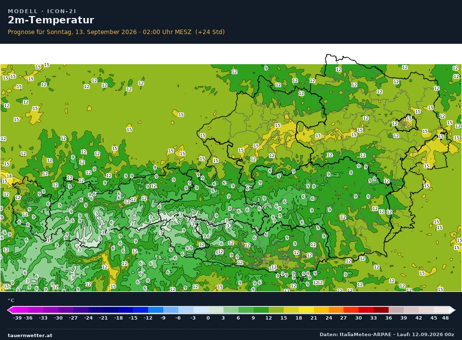 ICON-2I Modellkarte Temperatur 2 m Österreich, Vorhersage +24 Stunden