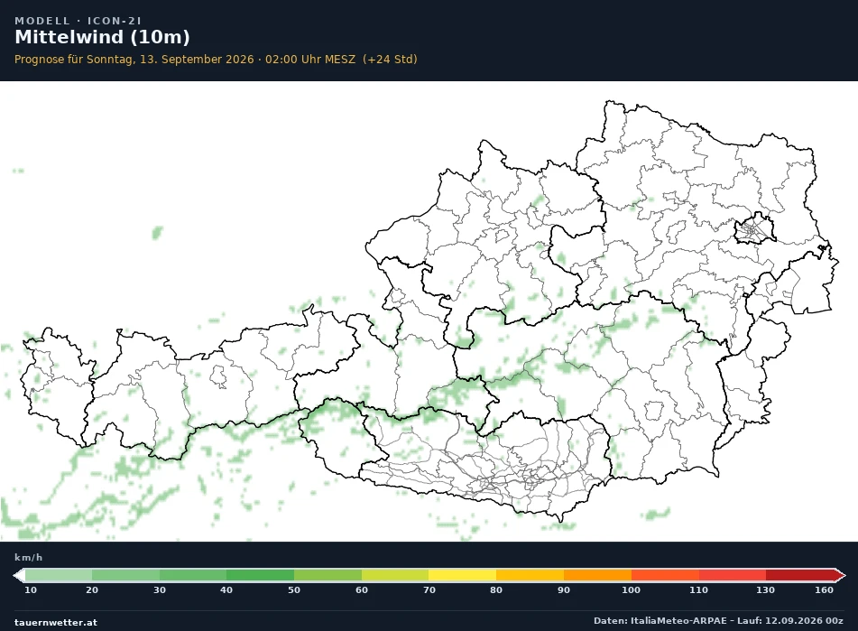 ICON-2I Modellkarte Mittelwind 10 m Österreich, Vorhersage +24 Stunden