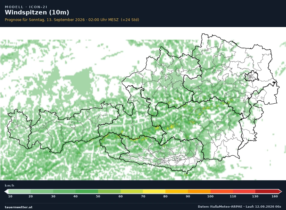 ICON-2I Modellkarte Windböen 10 m Österreich, Vorhersage +24 Stunden