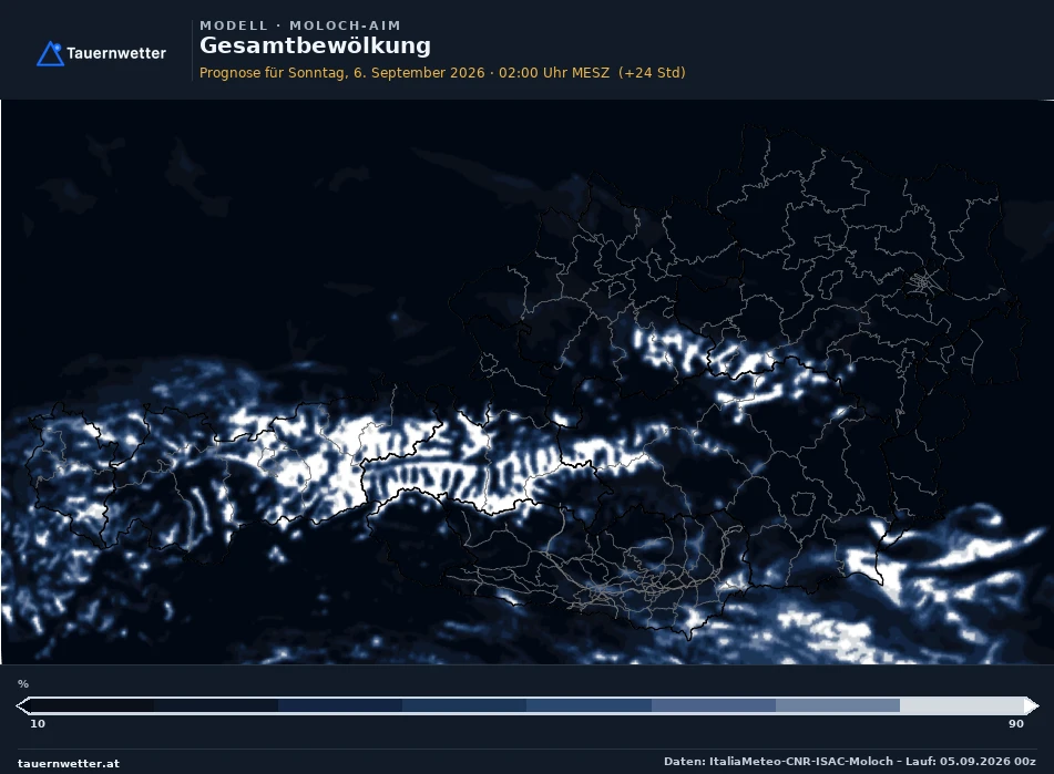 MOLOCH-AIM Modellkarte Bewölkung Österreich, Vorhersage +24 Stunden