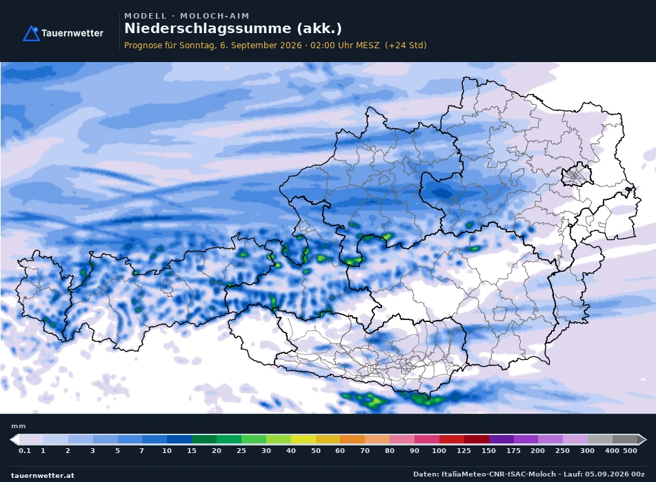 MOLOCH-AIM Modellkarte Niederschlag akkumuliert Österreich, Vorhersage +24 Stunden