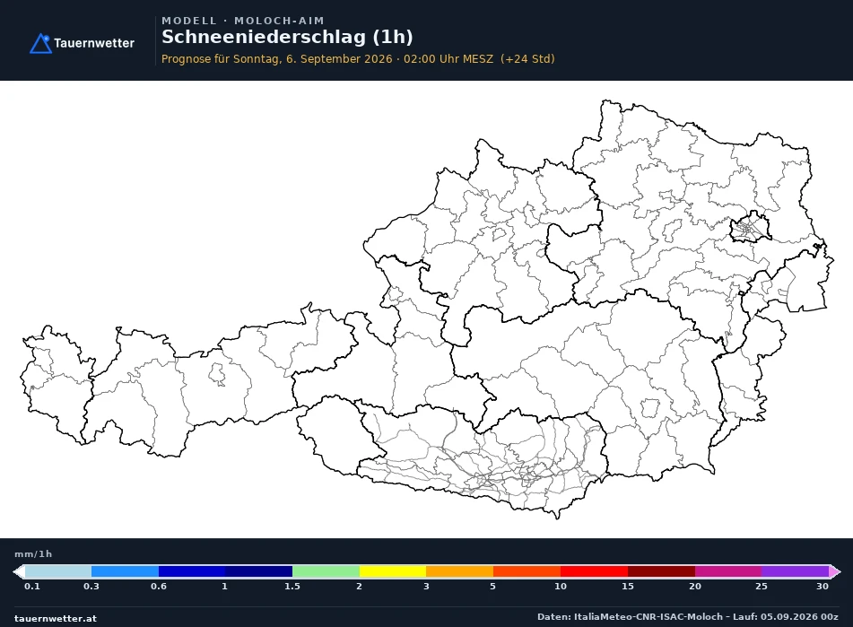 MOLOCH-AIM Modellkarte Schnee 1 h Österreich, Vorhersage +24 Stunden