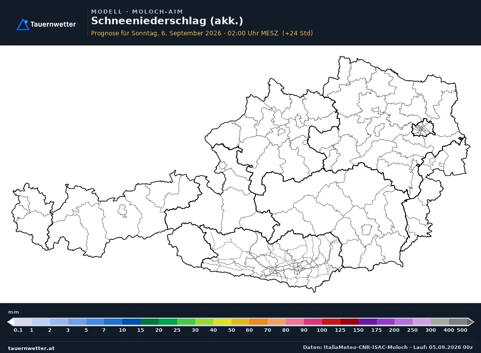 MOLOCH-AIM Modellkarte Schnee akkumuliert Österreich, Vorhersage +24 Stunden