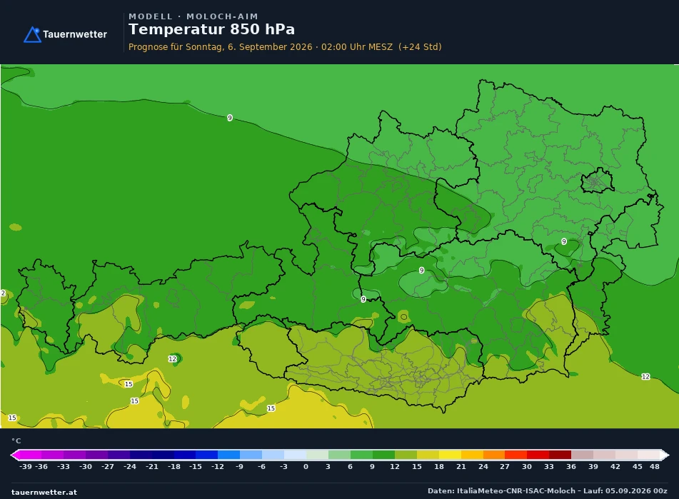 MOLOCH-AIM Modellkarte Temperatur 850 hPa Österreich, Vorhersage +24 Stunden