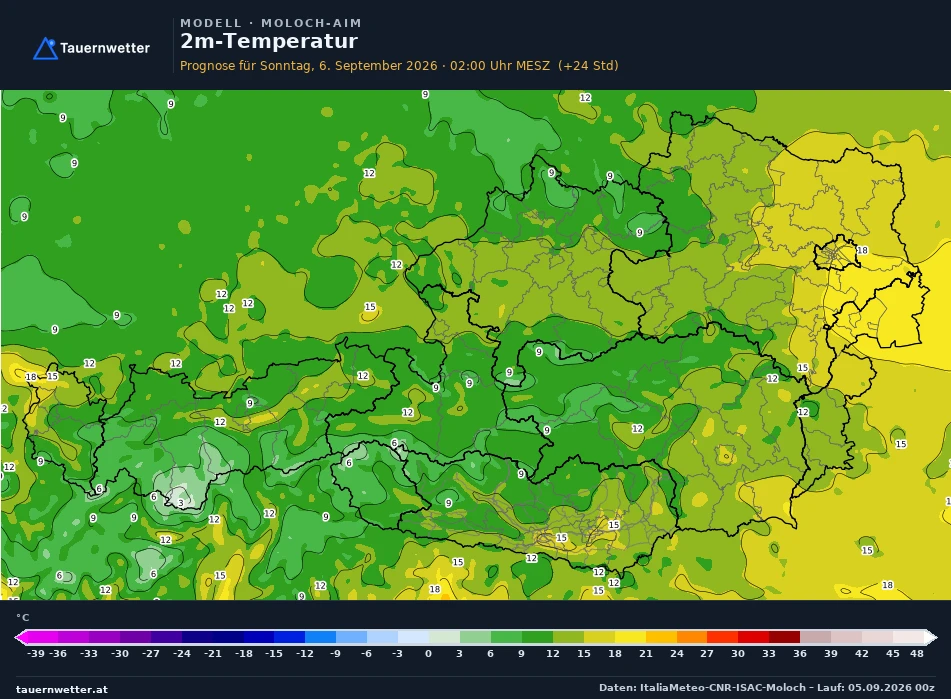 MOLOCH-AIM Modellkarte Temperatur 2 m Österreich, Vorhersage +24 Stunden