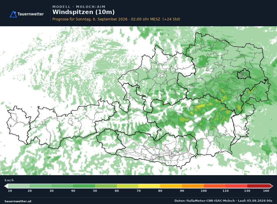 MOLOCH-AIM Modellkarte Windböen 10 m Österreich, Vorhersage +24 Stunden