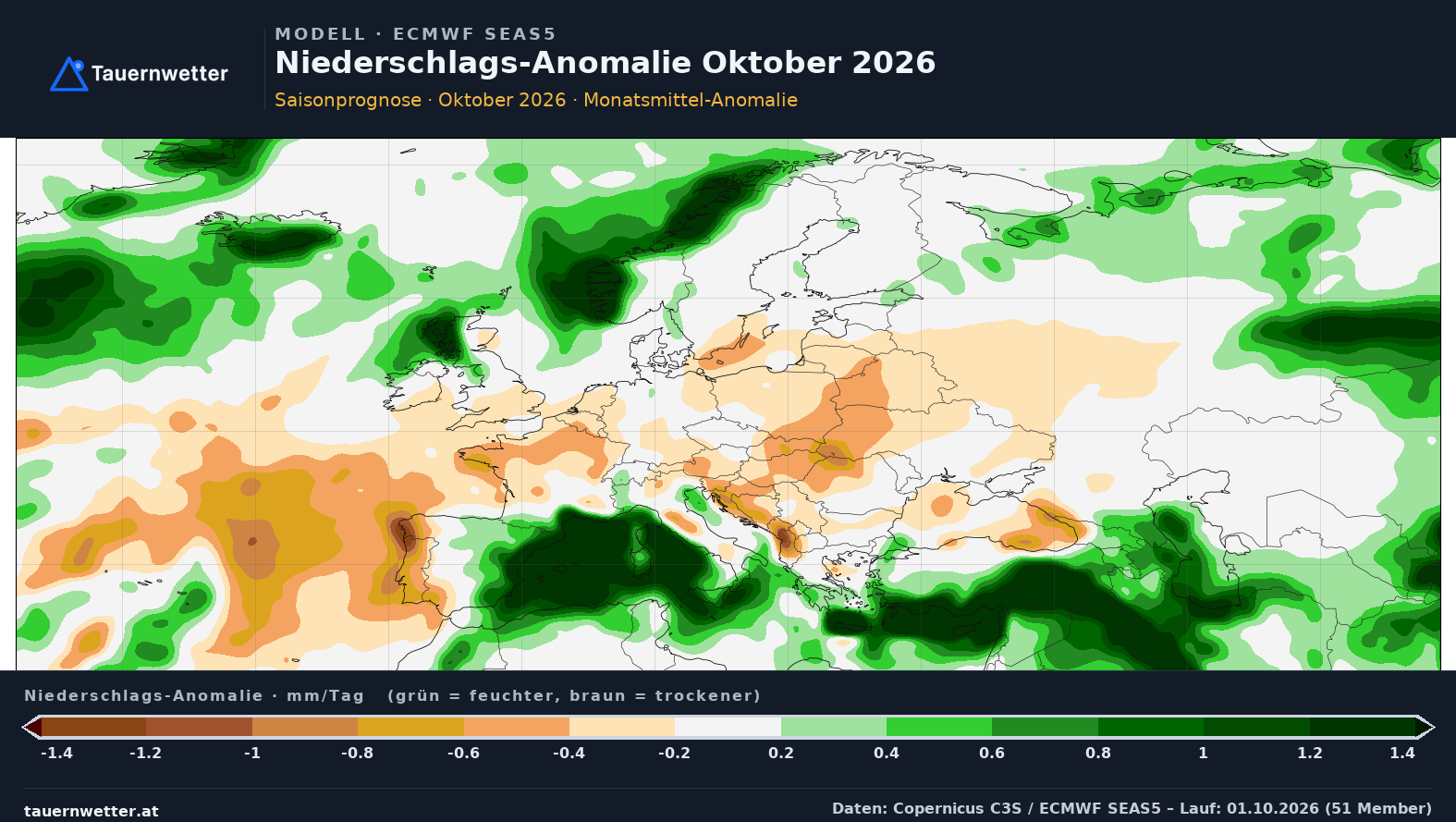 SEAS5 Niederschlags-Anomalie Europa, Vorlaufmonat 1