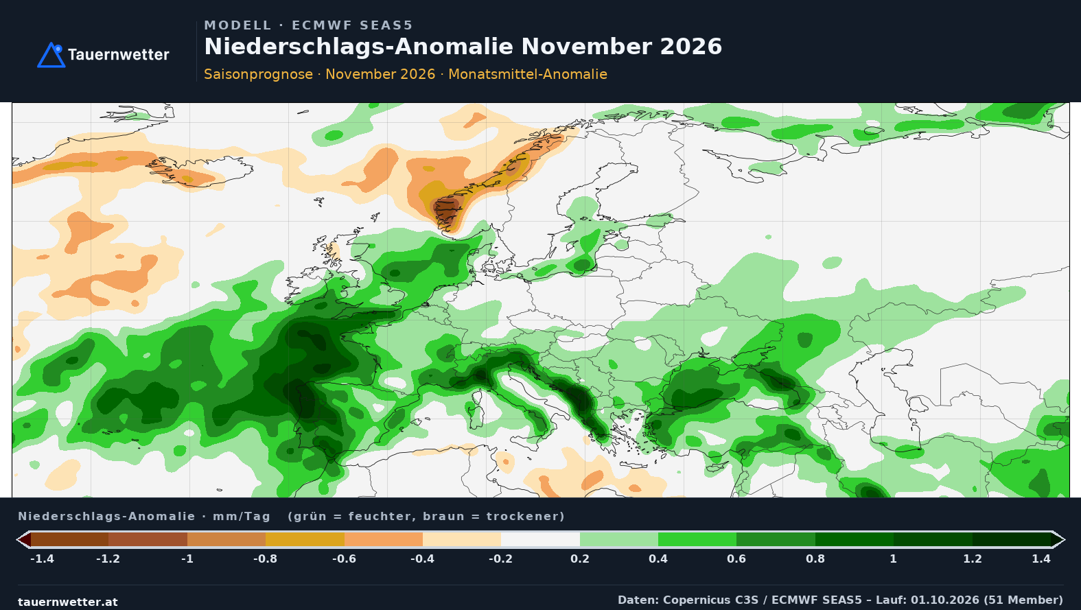 SEAS5 Niederschlags-Anomalie Europa, Vorlaufmonat 2
