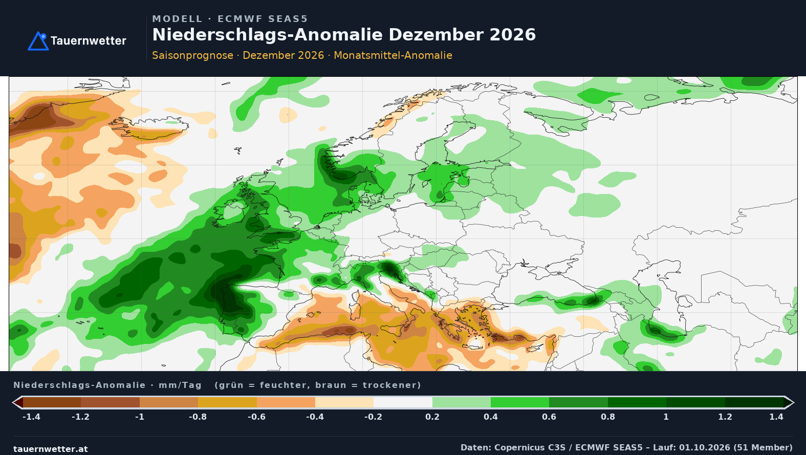 SEAS5 Niederschlags-Anomalie Europa, Vorlaufmonat 3