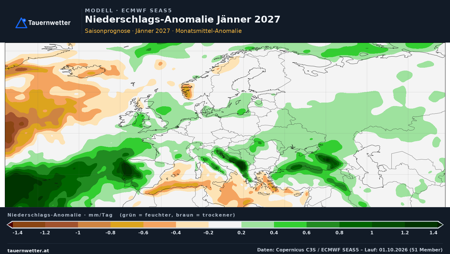SEAS5 Niederschlags-Anomalie Europa, Vorlaufmonat 4