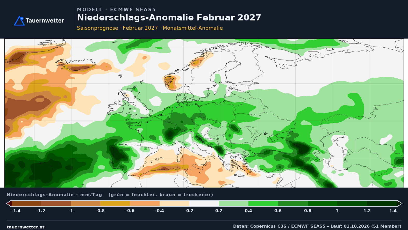 SEAS5 Niederschlags-Anomalie Europa, Vorlaufmonat 5