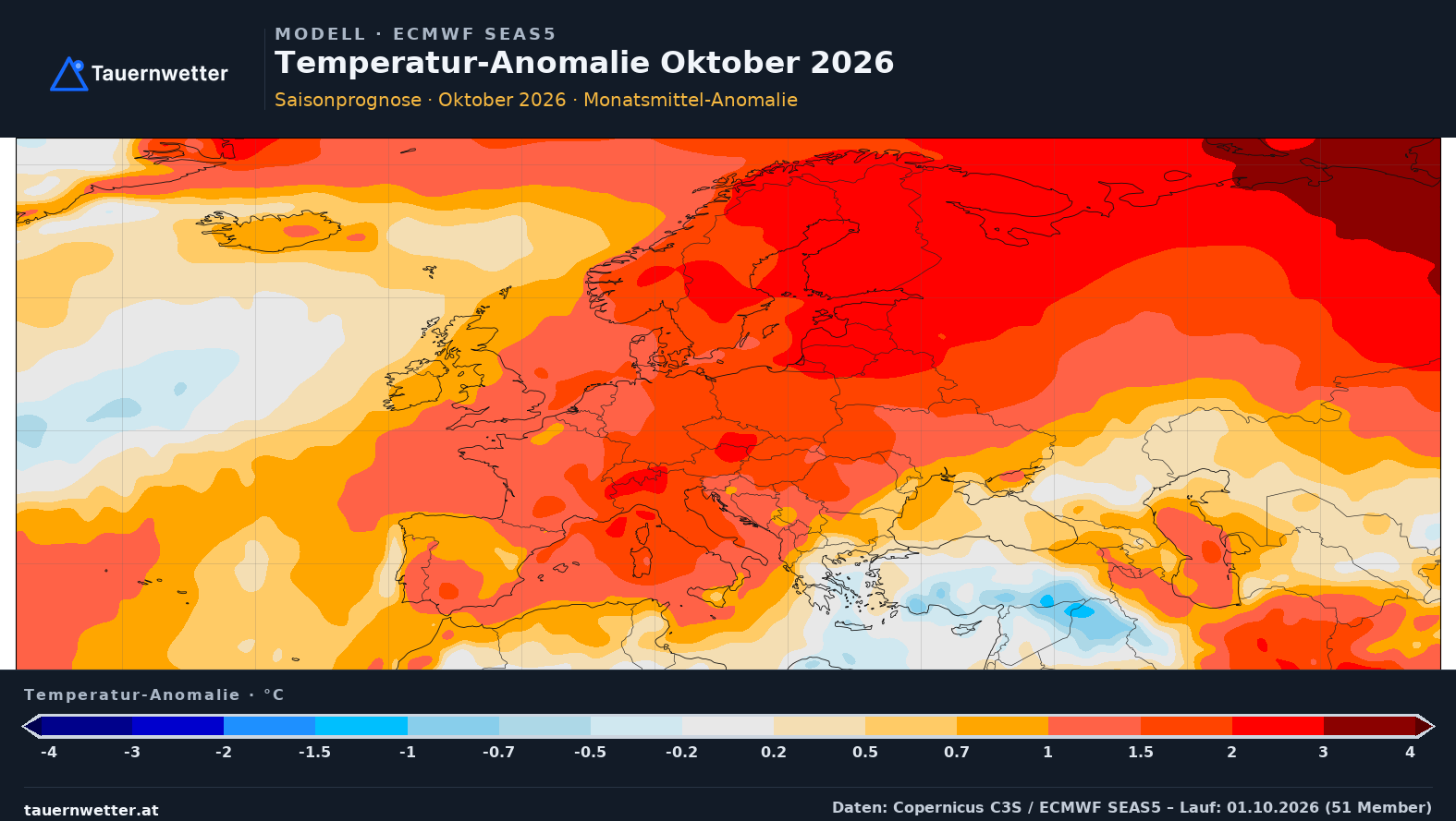 SEAS5 Temperatur-Anomalie Europa, Vorlaufmonat 1