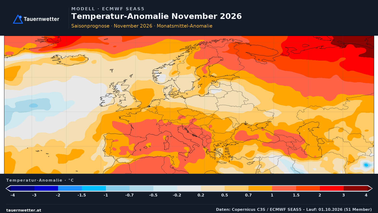 SEAS5 Temperatur-Anomalie Europa, Vorlaufmonat 2