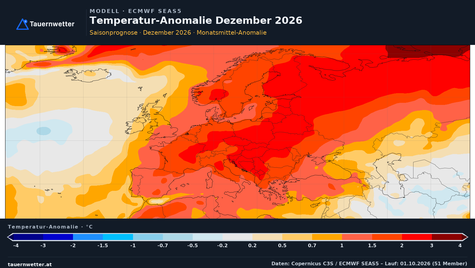 SEAS5 Temperatur-Anomalie Europa, Vorlaufmonat 3