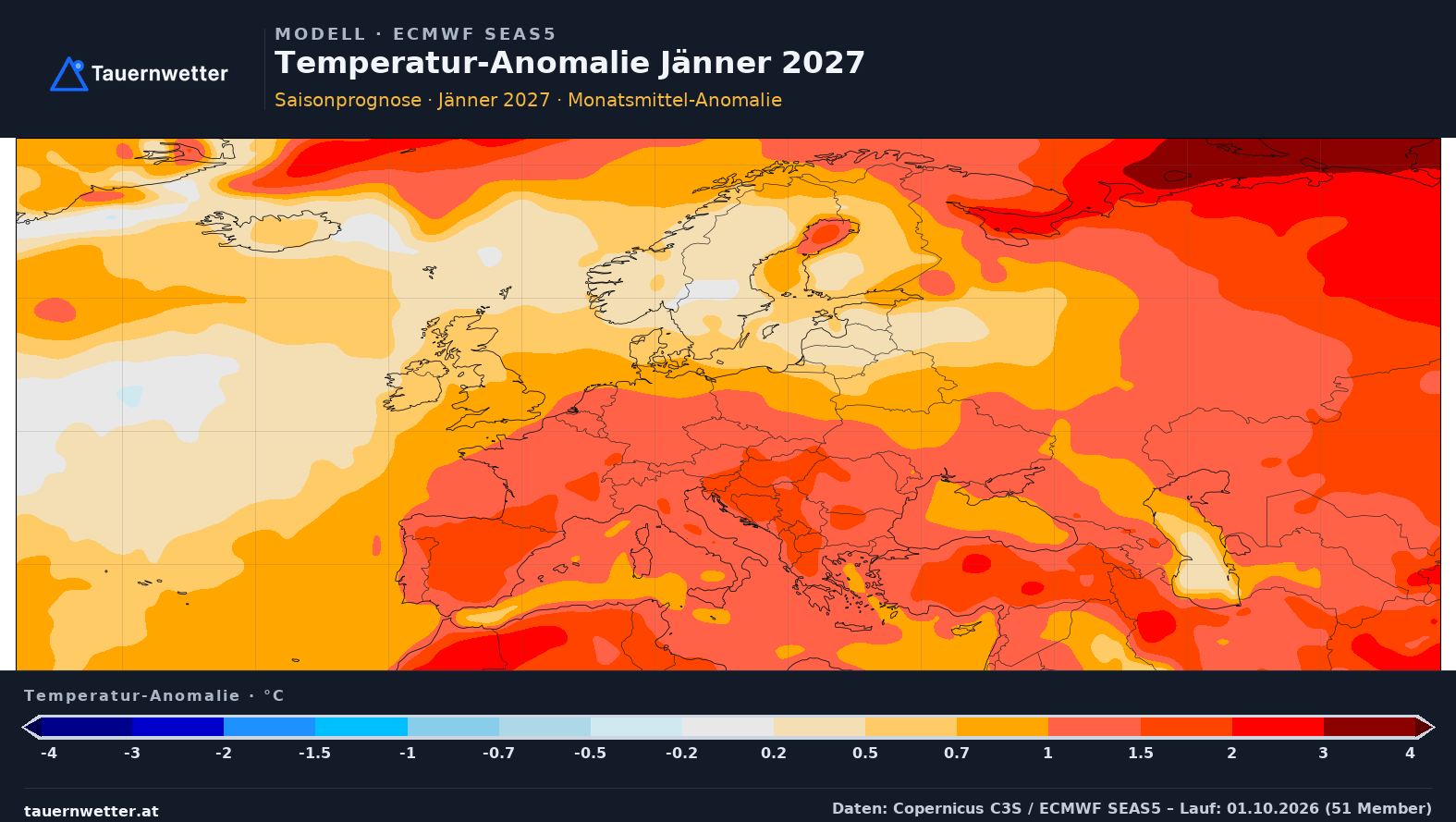 SEAS5 Temperatur-Anomalie Europa, Vorlaufmonat 4