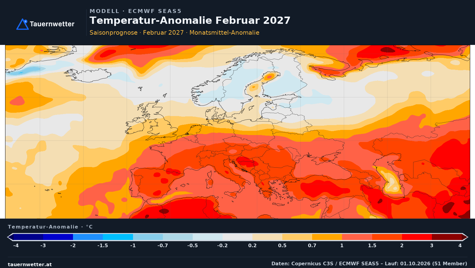 SEAS5 Temperatur-Anomalie Europa, Vorlaufmonat 5