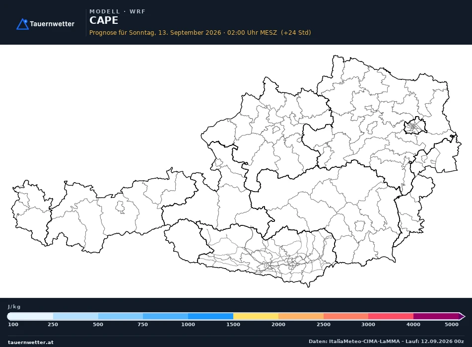 WRF Modellkarte CAPE, Gewitterpotential Österreich, Vorhersage +24 Stunden