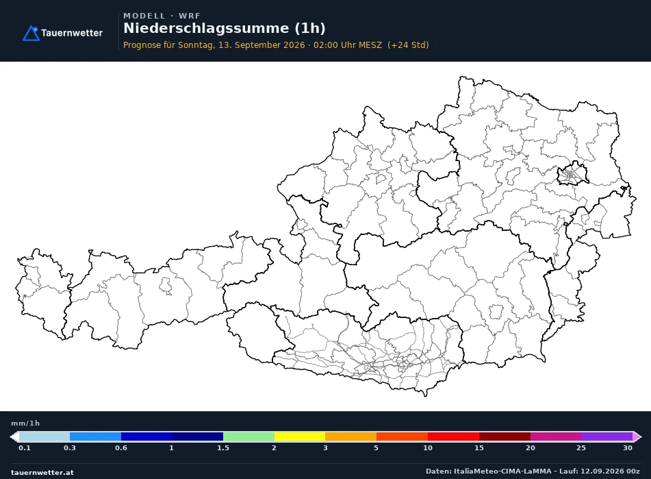 WRF Modellkarte Niederschlag 1 h Österreich, Vorhersage +24 Stunden