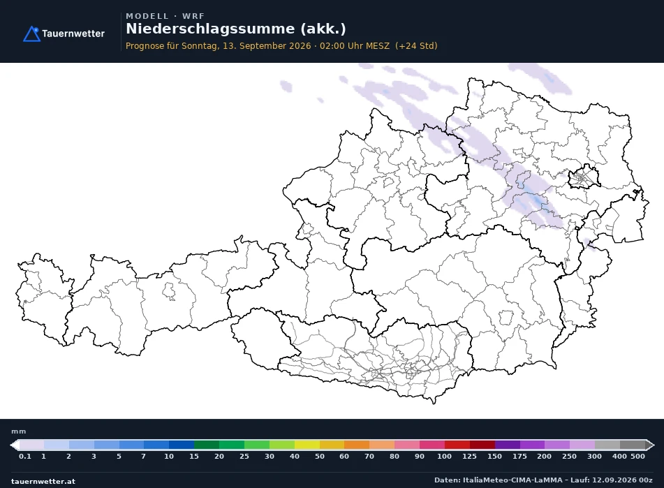 WRF Modellkarte Niederschlag akkumuliert Österreich, Vorhersage +24 Stunden