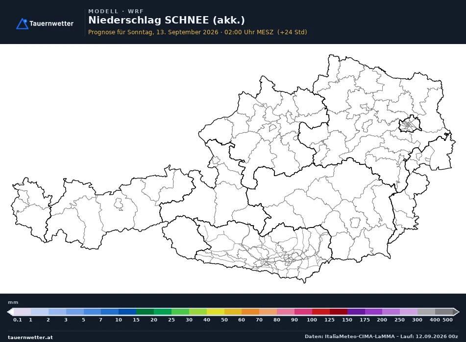 WRF Modellkarte Schnee akkumuliert Österreich, Vorhersage +24 Stunden