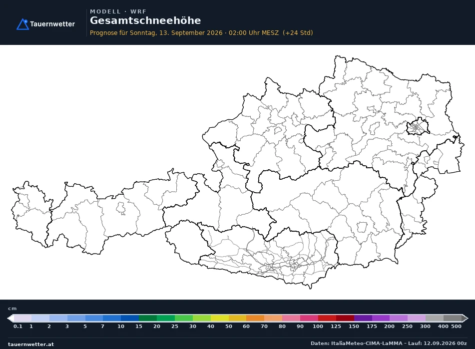 WRF Modellkarte Schneehöhe Österreich, Vorhersage +24 Stunden