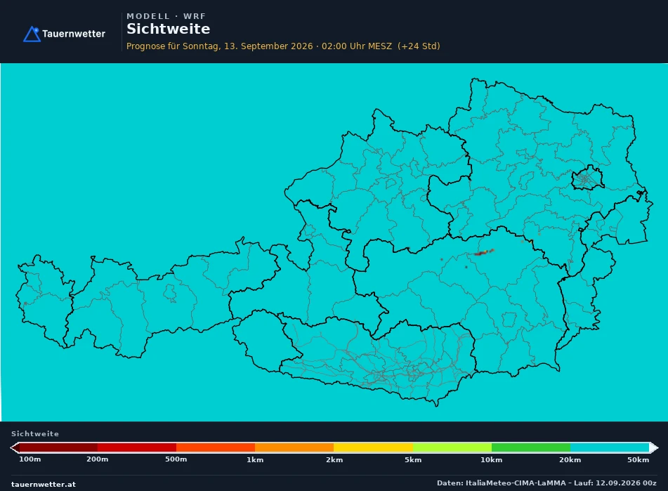 WRF Modellkarte Sichtweite Österreich, Vorhersage +24 Stunden