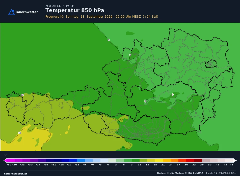 WRF Modellkarte Temperatur 850 hPa Österreich, Vorhersage +24 Stunden