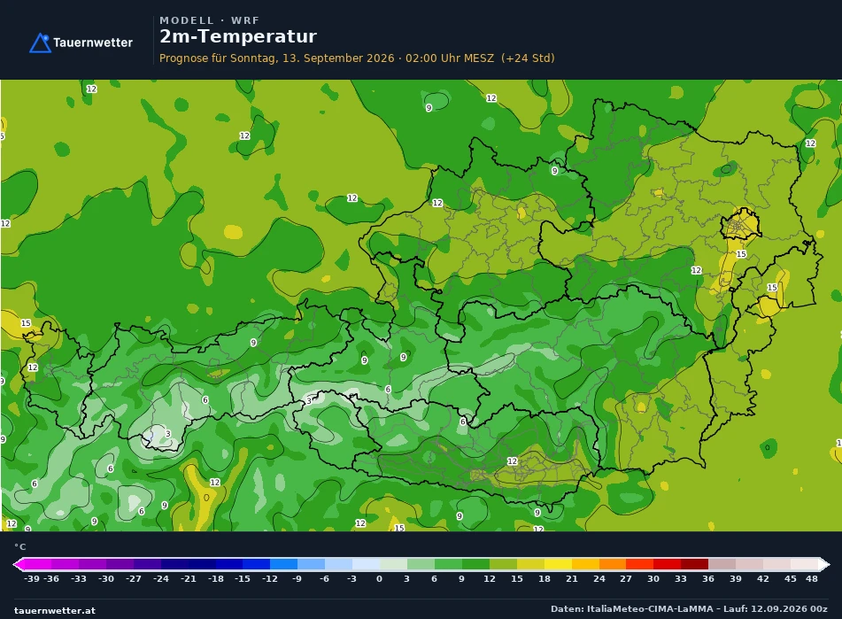 WRF Modellkarte Temperatur 2 m Österreich, Vorhersage +24 Stunden