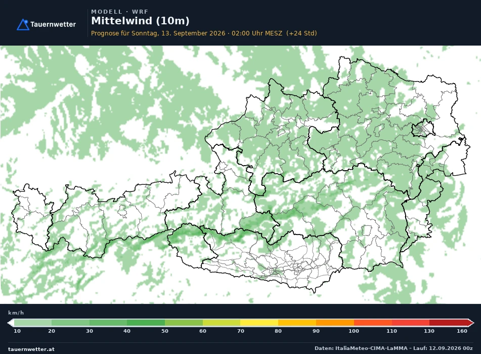 WRF Modellkarte Mittelwind 10 m Österreich, Vorhersage +24 Stunden