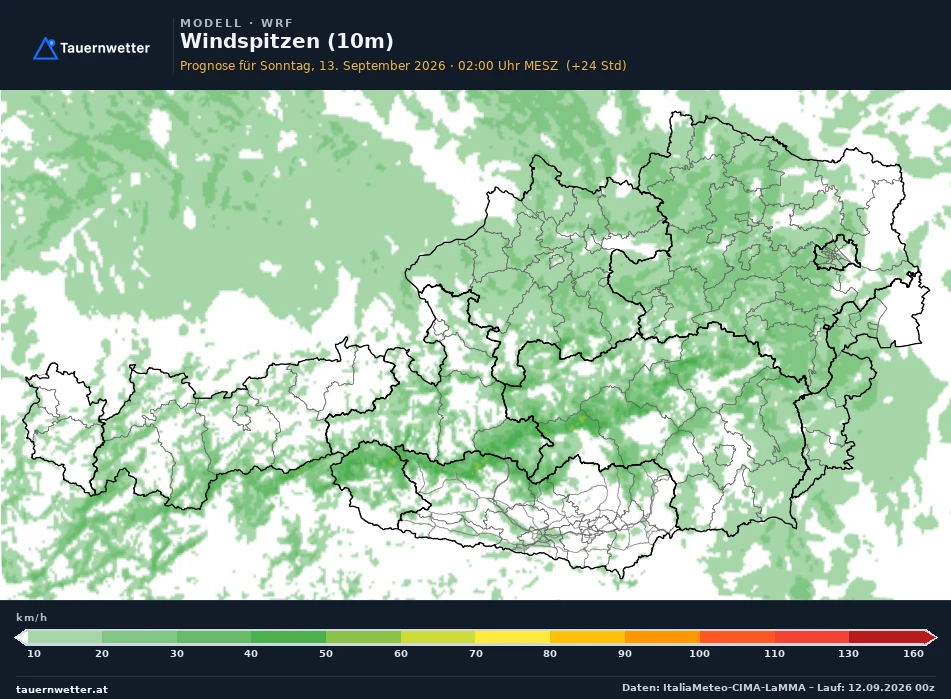 WRF Modellkarte Windböen 10 m Österreich, Vorhersage +24 Stunden