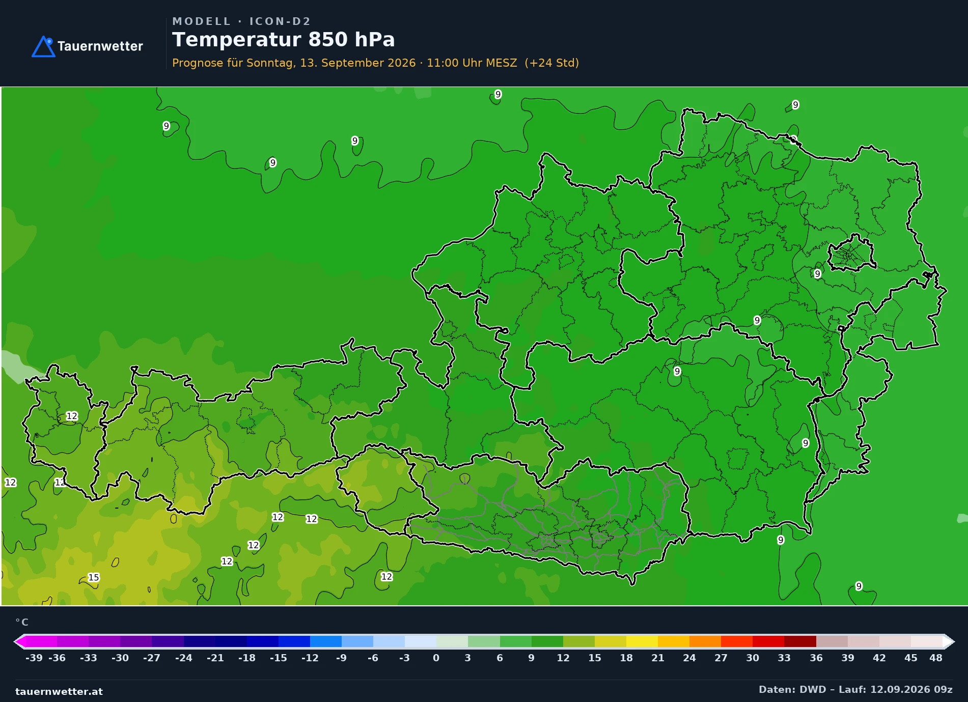 ICON-D2 Modellkarte Temperatur 850 hPa Österreich, Vorhersage +24 Stunden