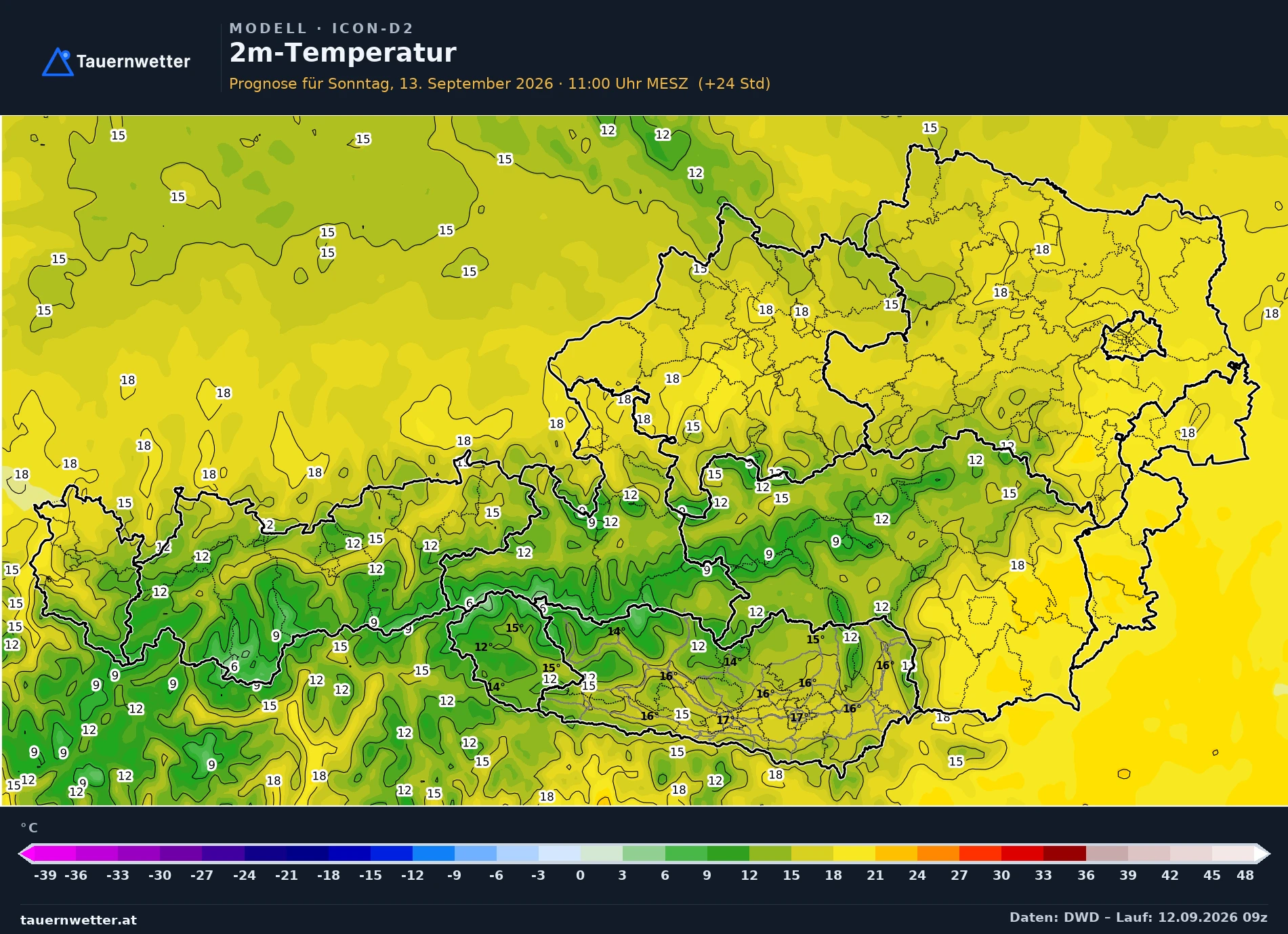 ICON-D2 Modellkarte Temperatur 2 m Österreich, Vorhersage +24 Stunden