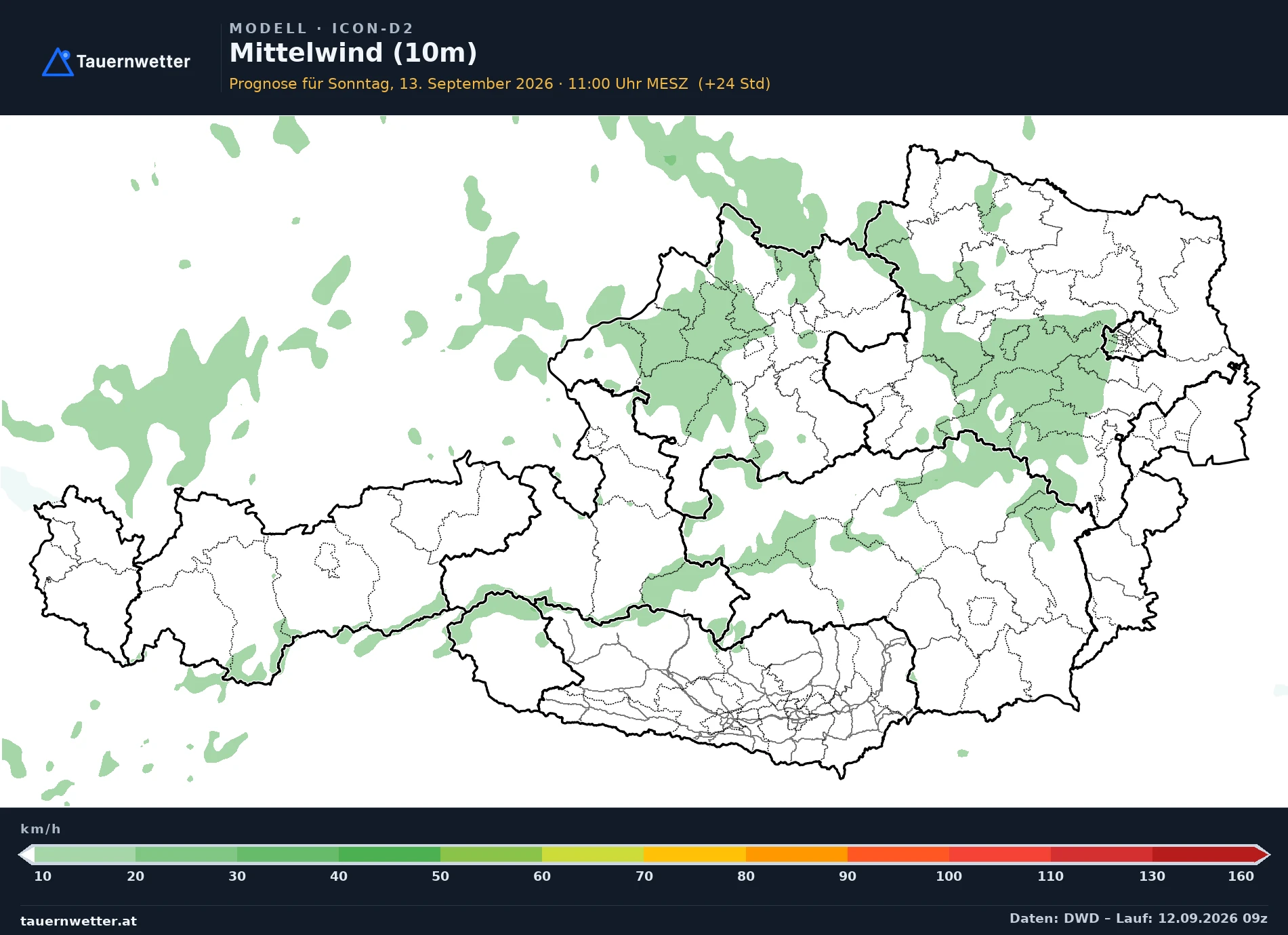 ICON-D2 Modellkarte Mittelwind 10 m Österreich, Vorhersage +24 Stunden