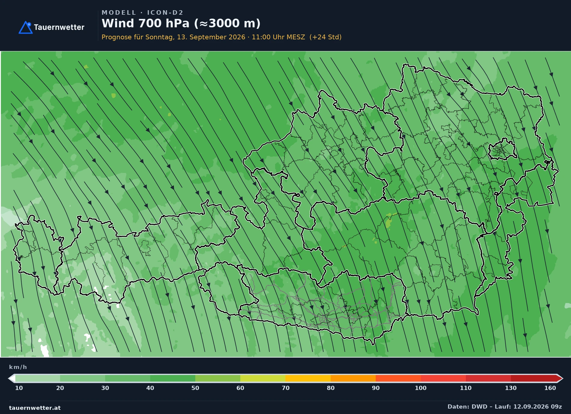 ICON-D2 Modellkarte Wind 700 hPa, rund 3.000 m Österreich, Vorhersage +24 Stunden
