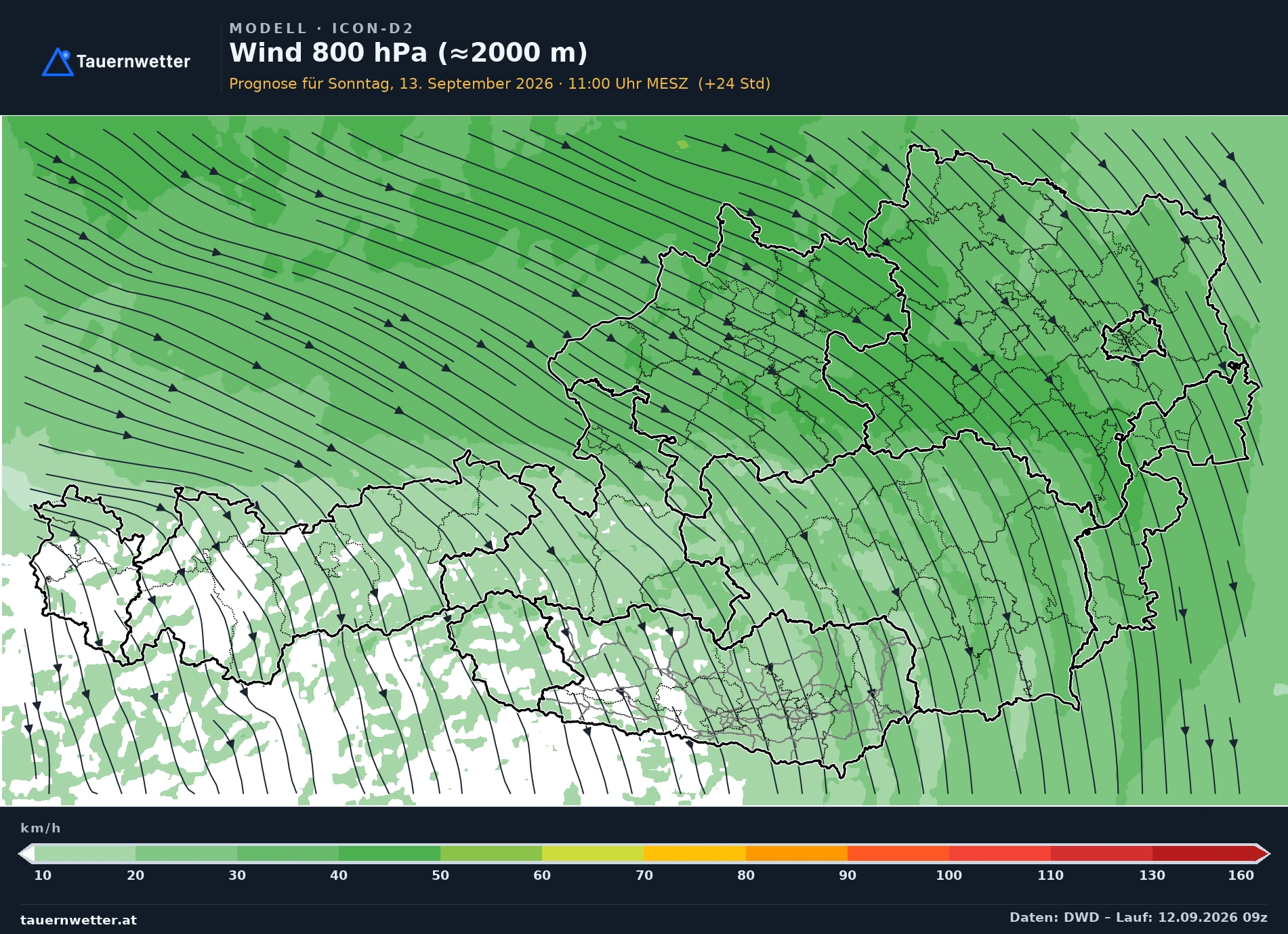 ICON-D2 Modellkarte Wind 800 hPa, rund 2.000 m Österreich, Vorhersage +24 Stunden