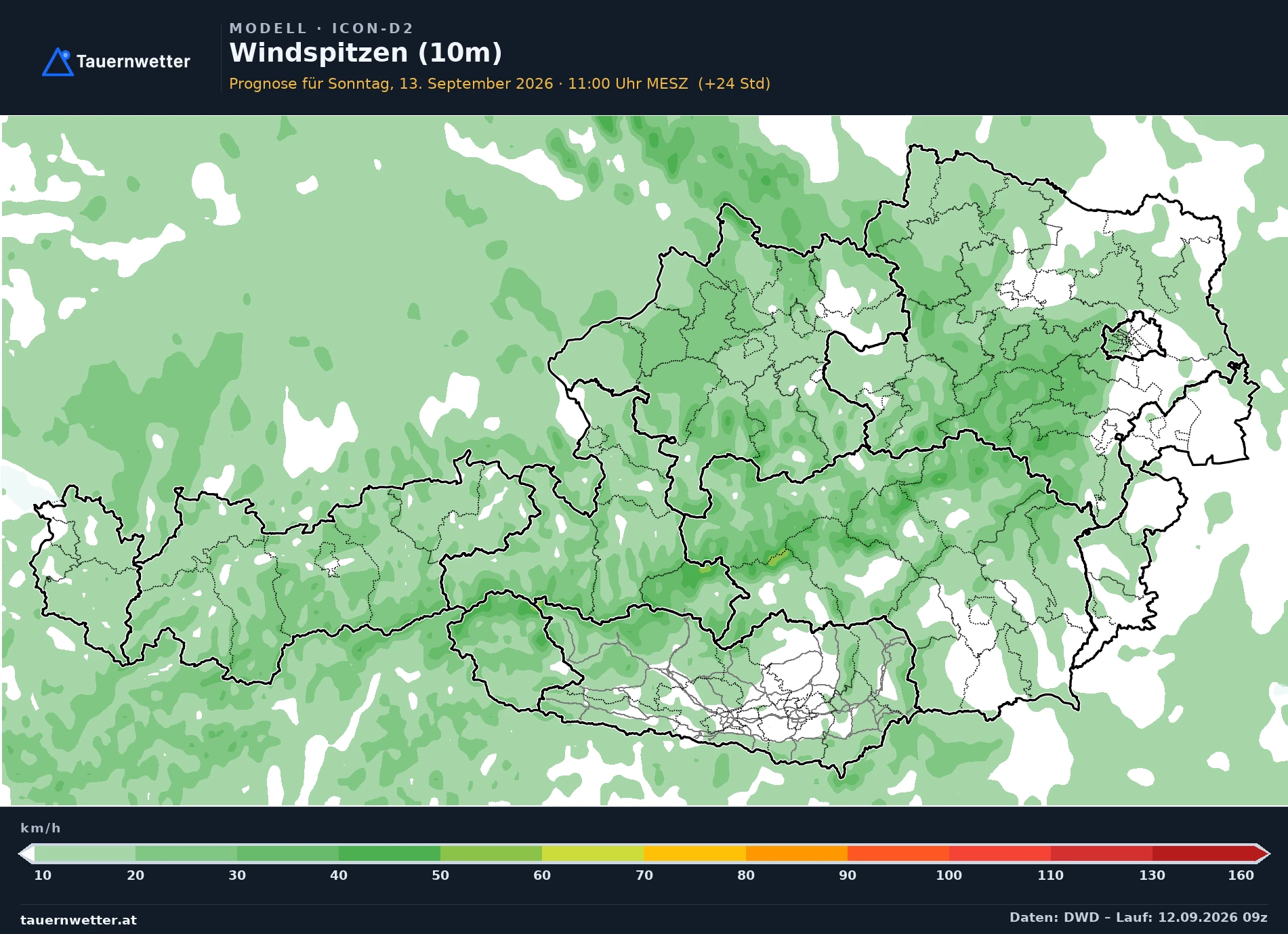 ICON-D2 Modellkarte Windböen 10 m Österreich, Vorhersage +24 Stunden