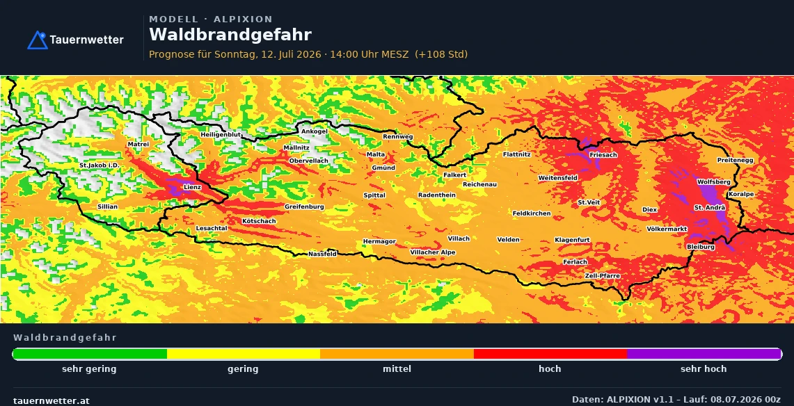 Karte der Waldbrandgefahr in Kärnten und Osttirol für Sonntag mit hoher bis sehr hoher Gefahr im Lavanttal und rund um Lienz.