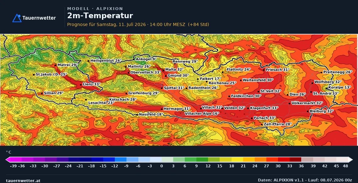 ALPIXION-Temperaturkarte für Kärnten und Osttirol am Samstag mit verbreitet über 30 Grad in den Tälern und Becken.