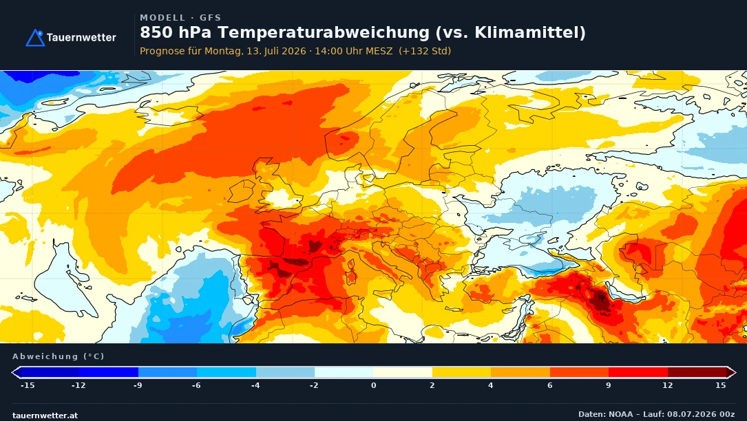 Karte der Temperaturabweichung in 850 Hektopascal über Europa für Montag mit ausgeprägter Wärmeanomalie über Mitteleuropa.