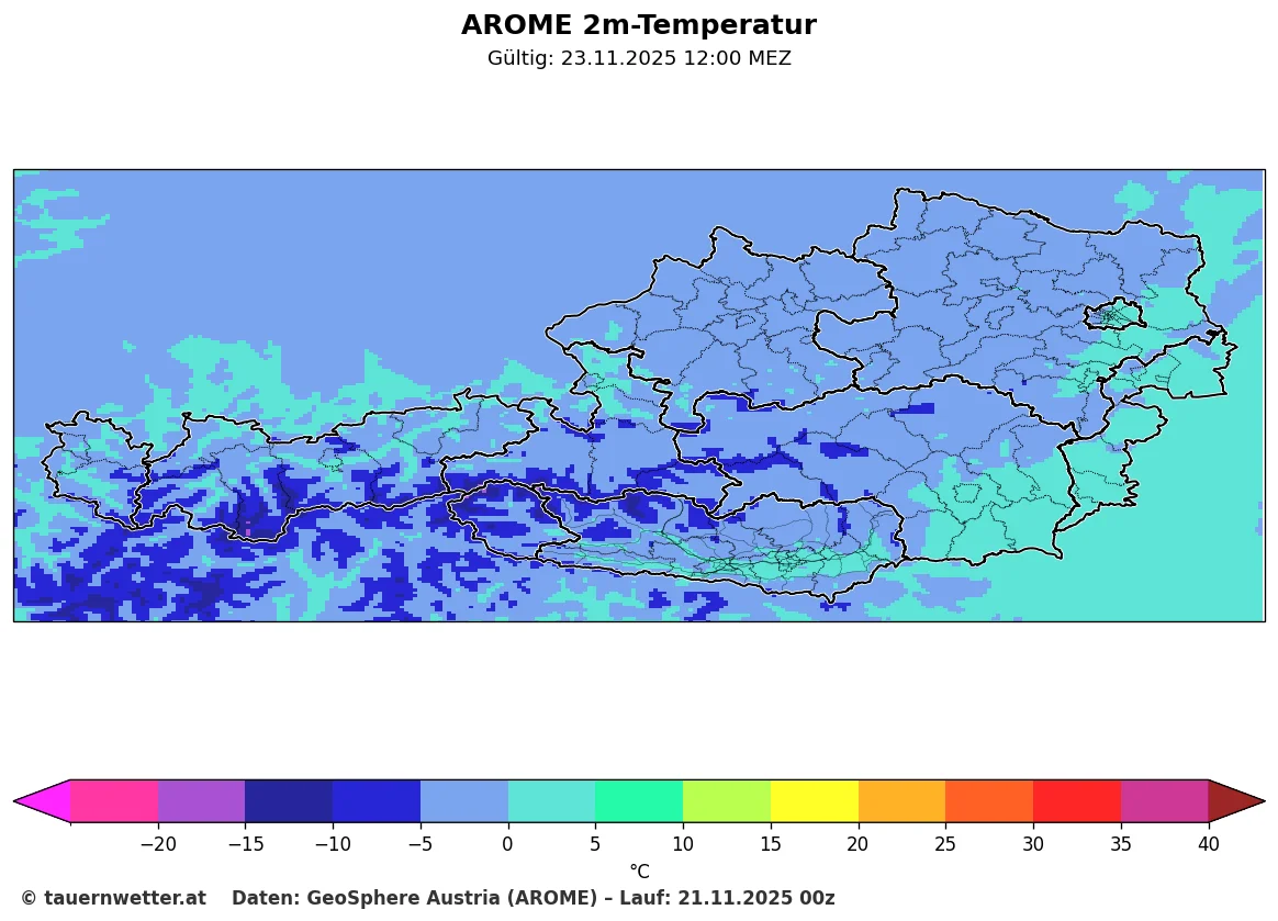 AROME-Modell zeigt Tageshöchsttemperaturen am Sonntag mit Werten zwischen -5°C und +1°C