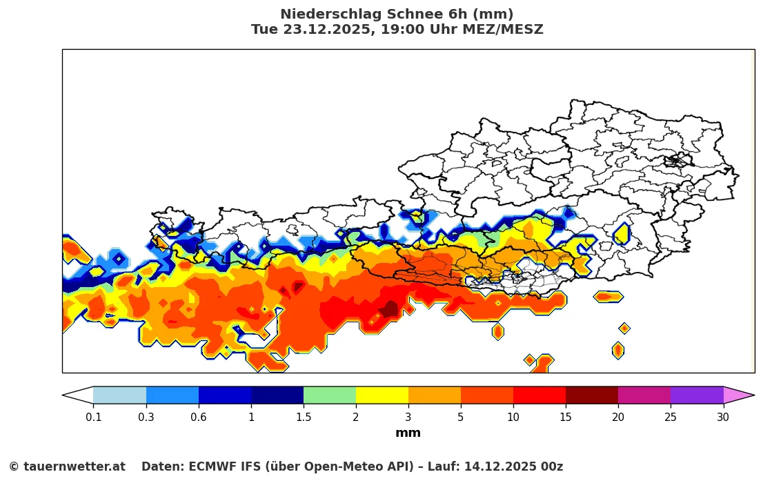 IFS-Modellrechnung Schneeniederschlag am 23. Dezember 2025 Nachmittag - Prognostizierte Schneefallmengen in Kärnten und Osttirol