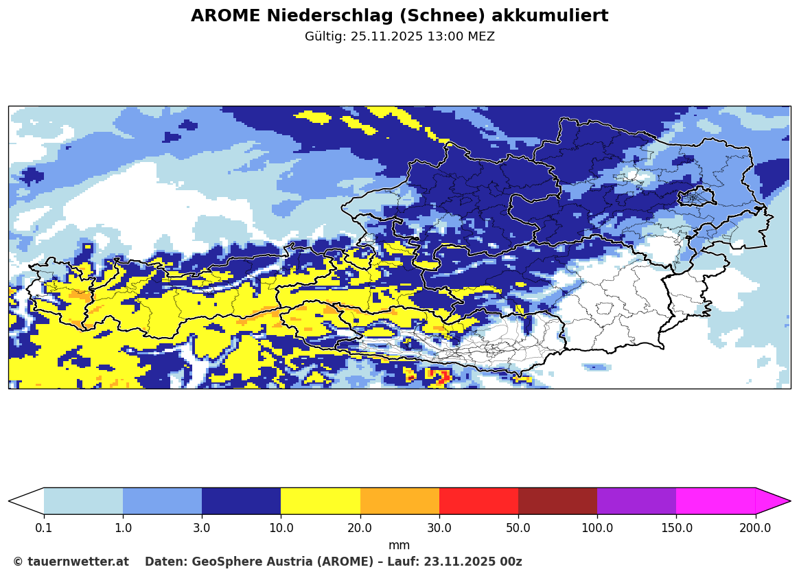 AROME-Modell zeigt Schneesumme von Montag bis Mittwoch Früh