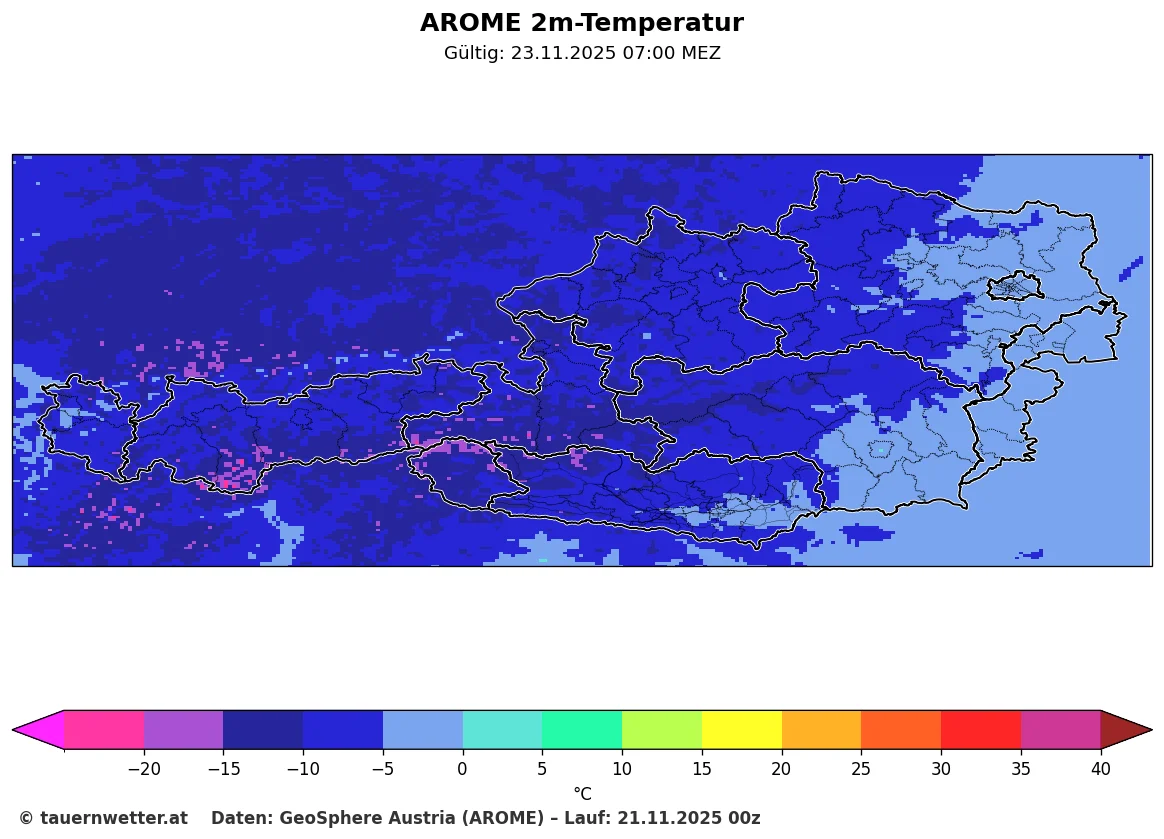 AROME-Modell zeigt Tiefsttemperaturen am Sonntagmorgen mit Werten bis -15°C