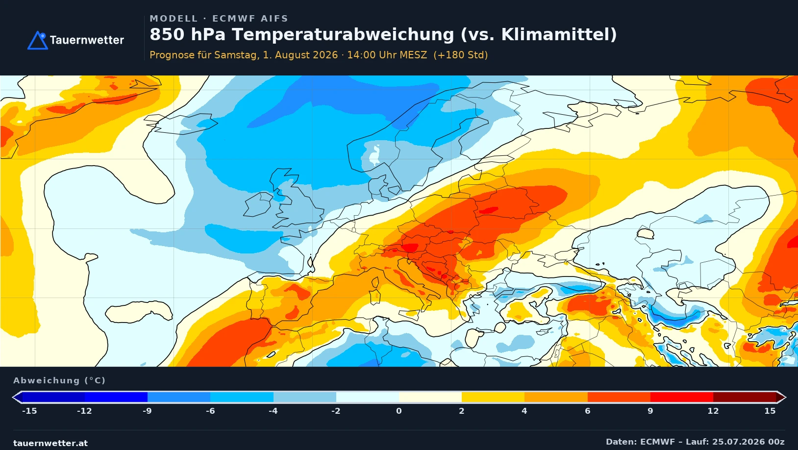 AIFS-Karte der 850-hPa-Temperaturabweichung für Samstag, 1. August, mit gedämpfter Wärme über dem Alpenraum und kühler Atlantikluft über Nordwesteuropa.