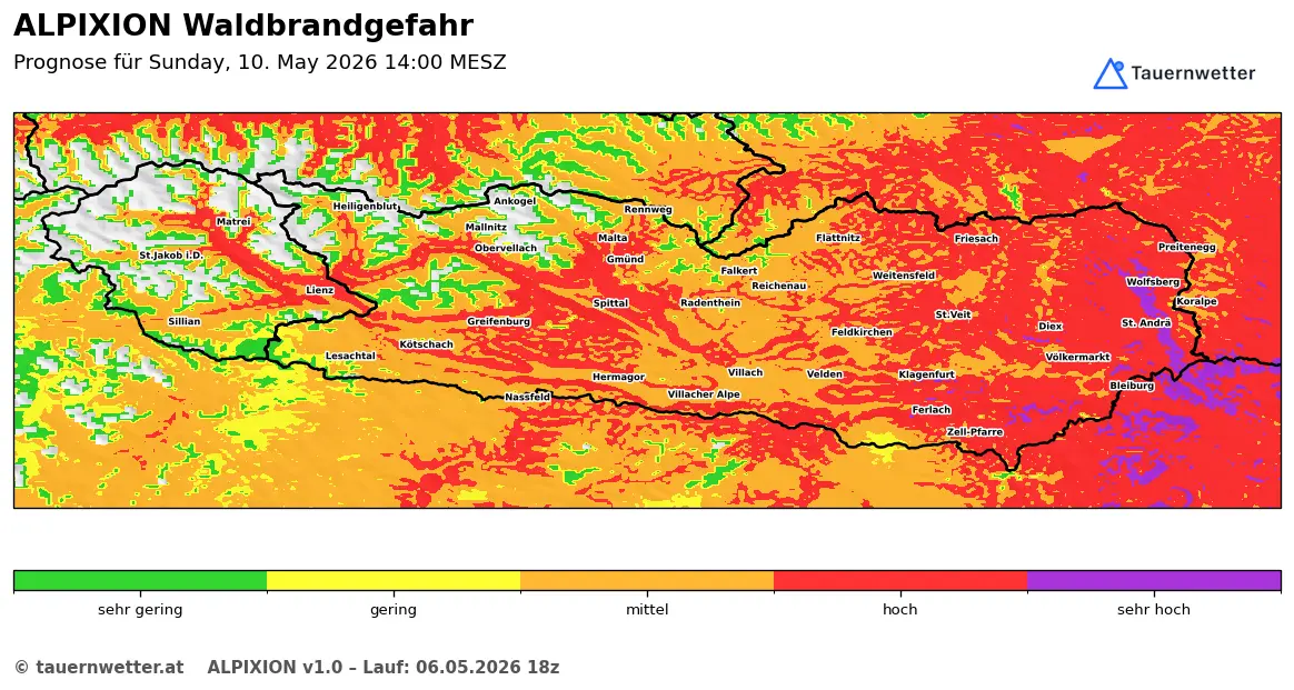 ALPIXION-Waldbrandgefahr für Sonntag, 10. Mai 2026, in Kärnten und Osttirol
