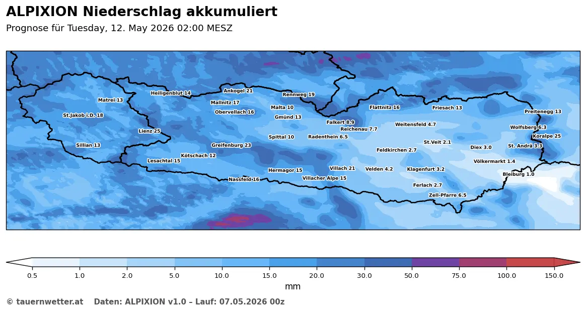 ALPIXION-Niederschlagsprognose für die kommenden 120 Stunden in Kärnten und Osttirol