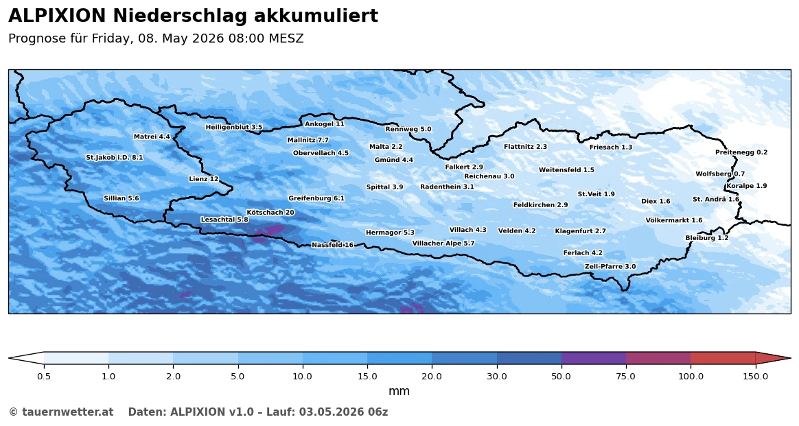 ALPIXION-Niederschlagsprognose 3. bis 8. Mai 2026