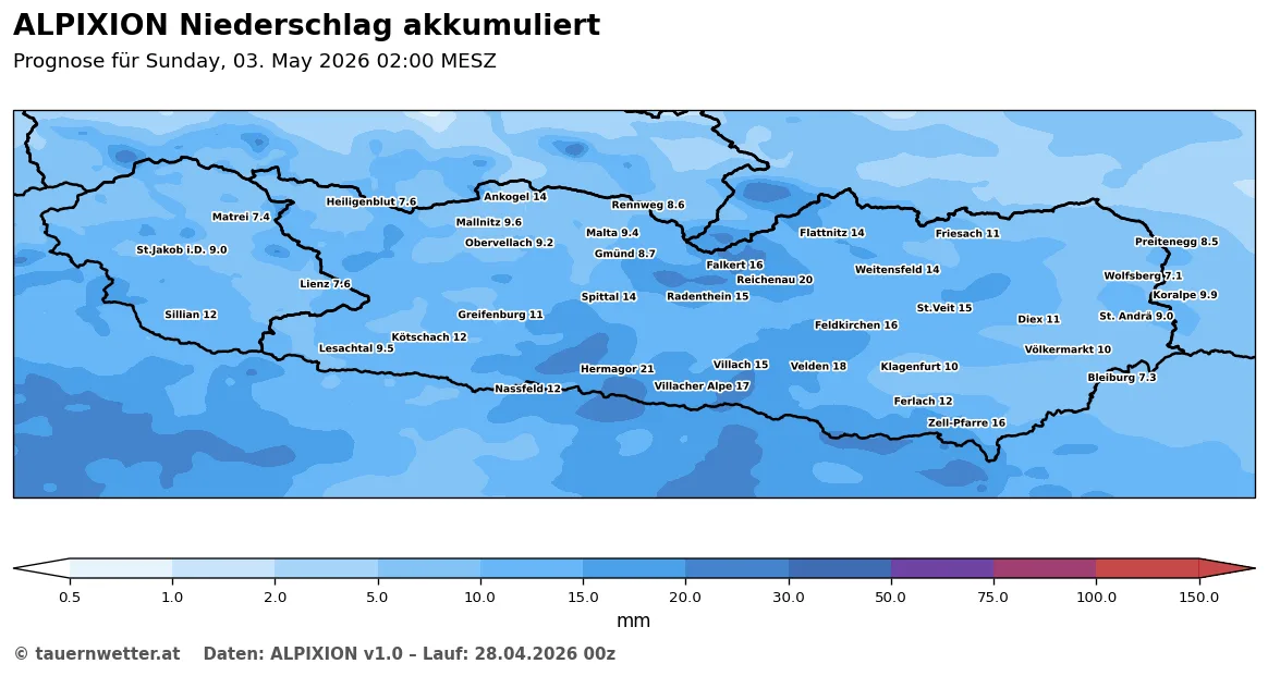 ALPIXION Niederschlagsprognose für Kärnten und Osttirol von Dienstag bis Sonntagfrüh